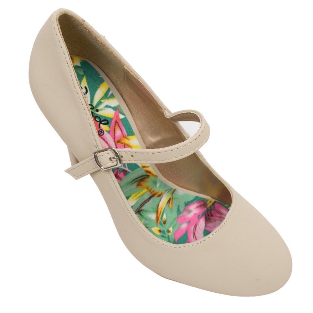 Beige Closed-Toe Ankle Strap Pumps